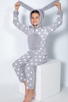 Gri Puan Desenli Kız Çocuk Polar Peluş Tulum Pijama - Thumbnail