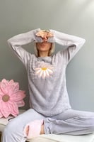 Gri Stay Flow Desenli Kadın Peluş Pijama Takımı - Thumbnail