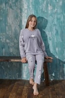 Gri Wild But Desenli Kız Çocuk Peluş Pijama Takımı - Thumbnail