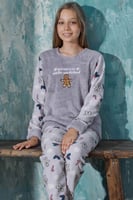 Gri Wonderland Desenli Kız Çocuk Peluş Pijama Takım - Thumbnail