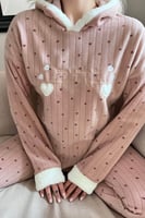 Kahve Heart Magic Desenli Kapşonlu Peluş Polar Pijama - Thumbnail