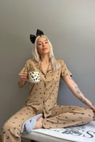 Kahve Kisses Örme Önden Düğmeli Kısa Kol Kadın Pijama Takımı - Thumbnail