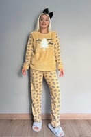 Kahve Wonder Land Desenli Kadın Peluş Pijama Takımı - Thumbnail