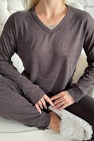 Kahverengi Bambu Uzun Kol Kadın Pijama Takımı - Thumbnail