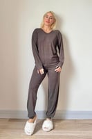 Kahverengi Bambu Uzun Kol Kadın Pijama Takımı - Thumbnail