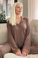 Kahverengi Önden Düğmeli Bambu Uzun Kol Pijama Takımı - Thumbnail