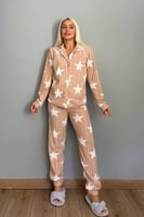 Karamel Yıldız Desenli Önden Düğmeli Peluş Polar Pijama Takımı - Thumbnail