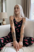 Karpuz Baskılı Dantelli İp Askılı Örme Kadın Pijama Takımı - Thumbnail