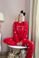 Kırmızı Baking Desenli Kadın Peluş Pijama Takımı - Thumbnail