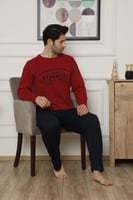 Kırmızı Benghazi Baskılı Uzun Kollu Erkek Pijama Takımı - Thumbnail