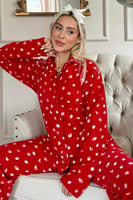 Kırmızı Debesis Desenli Önden Düğmeli Peluş Polar Pijama Takımı - Thumbnail