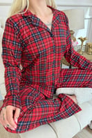 Kırmızı Ekose Desenli Bambu Önden Düğmeli Uzun Kol Kadın Pijama Takımı - Thumbnail