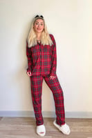 Kırmızı Ekose Desenli Bambu Önden Düğmeli Uzun Kol Kadın Pijama Takımı - Thumbnail