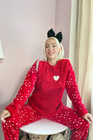 Kırmızı Enjoy Life Desenli Kadın Peluş Pijama Takımı - Thumbnail