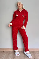 Kırmızı Heart Magic Desenli Kapşonlu Peluş Polar Pijama - Thumbnail