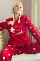 Kırmızı Hello Winter Desenli Kadın Peluş Pijama Takımı - Thumbnail