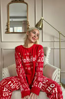 Kırmızı Hoho Desenli Kadın Peluş Pijama Takımı - Thumbnail