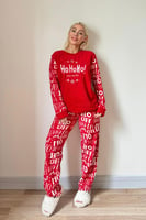 Kırmızı Hoho Desenli Kadın Peluş Pijama Takımı - Thumbnail