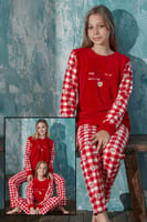 Kırmızı Home Peluş Anne Kız Aile Pijaması - Kız Çocuk Takımı - Thumbnail