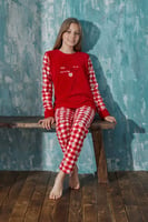 Kırmızı Home Peluş Anne Kız Aile Pijaması - Kız Çocuk Takımı - Thumbnail