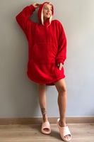 Kırmızı Kapşonlu Tam Peluş Oversize Sweat Panço Pijama - Thumbnail