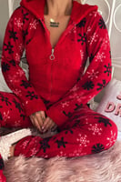 Kırmızı Kartanesi Desenli Kadın Polar Peluş Tulum Pijama - Thumbnail