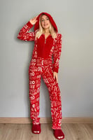 Kırmızı Laugh Desenli Kadın Polar Peluş Tulum Pijama Takımı - Thumbnail