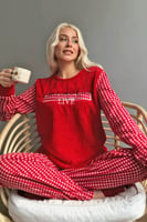 Kırmızı Live Desenli Kadın Peluş Pijama Takımı - Thumbnail