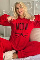 Kırmızı Meow Desenli Tam Peluş Pijama Takımı - Thumbnail