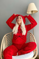 Kırmızı Meow Desenli Tam Peluş Pijama Takımı - Thumbnail