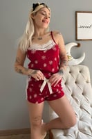 Kırmızı Papatya Dantel Detaylı İp Askı Şortlu Örme Pijama Takımı - Thumbnail