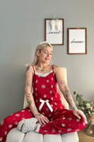 Kırmızı Papatya Dantelli İp Askılı Örme Kadın Pijama Takımı - Thumbnail