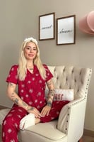 Kırmızı Papatya Desenli Örme Önden Düğmeli Kısa Kol Kadın Pijama - Thumbnail