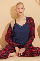Kırmızı Piti Kare Desenli Bambu Sabahlıklı Kadın Pijama Takımı - Thumbnail