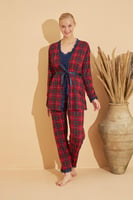 Kırmızı Piti Kare Desenli Bambu Sabahlıklı Kadın Pijama Takımı - Thumbnail