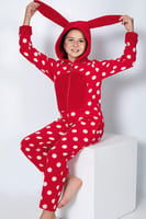 Kırmızı Puan Desenli Kız Çocuk Polar Peluş Tulum Pijama - Thumbnail