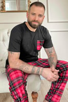 Kırmızı Siyah Ekose Cep Detay Kısa Kollu Erkek Pijama Takımı - Thumbnail