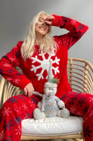 Kırmızı Snefnug Desenli Kadın Peluş Pijama Takımı - Thumbnail