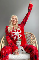 Kırmızı Snefnug Desenli Kadın Peluş Pijama Takımı - Thumbnail