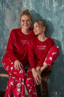 Kırmızı Vibes Kadife Anne Kız Aile Pijaması - Çocuk Takımı - Thumbnail