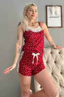 Kırmızı Yaprak Dantel Detaylı İp Askı Şortlu Örme Pijama Takımı - Thumbnail