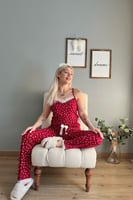 Kırmızı Yaprak Dantelli İp Askılı Örme Kadın Pijama Takımı - Thumbnail
