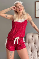 Kırmızı Yıldız Dantel Detaylı İp Askı Şortlu Örme Pijama Takımı - Thumbnail