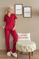Kırmızı Yıldız Desenli Örme Önden Düğmeli Kısa Kol Kadın Pijama - Thumbnail