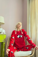 Kırmızı Zzz Wake Desenli Kadın Peluş Pijama Takımı - Thumbnail