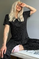 Konfeti Desenli Örme Önden Düğmeli Kısa Kol Kadın Pijama Takımı - Thumbnail