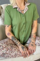 Koyu Yeşil Florado Exclusive Önden Düğmeli Kısa Kollu Kadın Pijama Takımı - Thumbnail