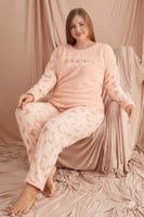 Krem You Desenli Büyük Beden Battal Peluş Pijama Takımı - Thumbnail
