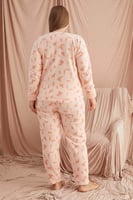 Krem You Desenli Büyük Beden Battal Peluş Pijama Takımı - Thumbnail