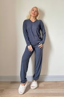Lacivert Bambu Uzun Kol Kadın Pijama Takımı - Thumbnail